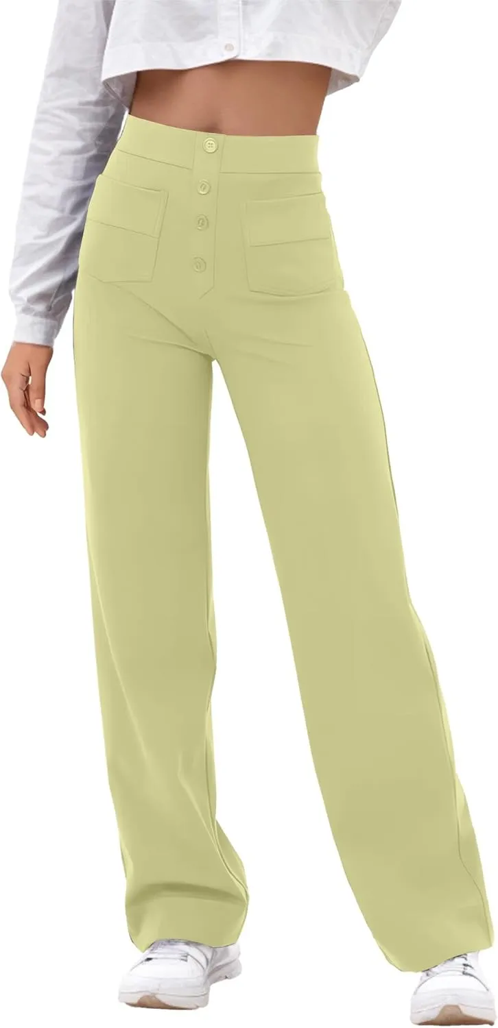 GRECERELLE Womens Casual Straight Leg Pants High Waisted Button Stretchy Business Work Trousers with Multiple Pockets