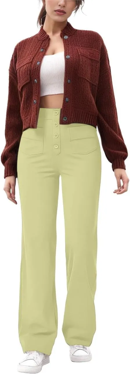 GRECERELLE Womens Casual Straight Leg Pants High Waisted Button Stretchy Business Work Trousers with Multiple Pockets