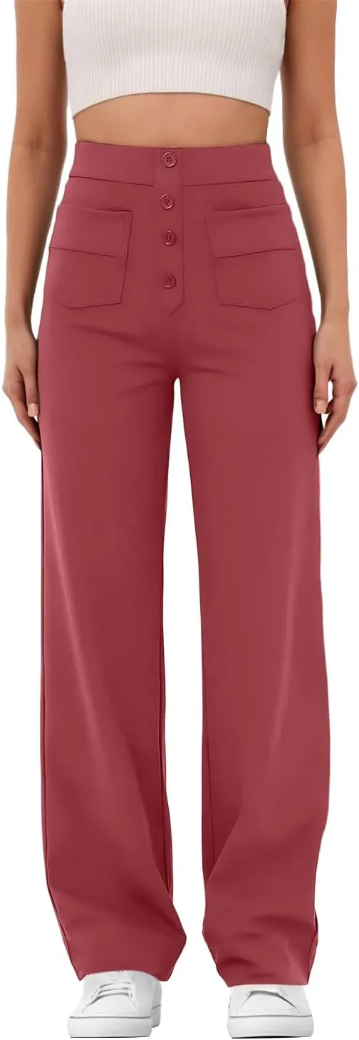 GRECERELLE Womens Casual Straight Leg Pants High Waisted Button Stretchy Business Work Trousers with Multiple Pockets