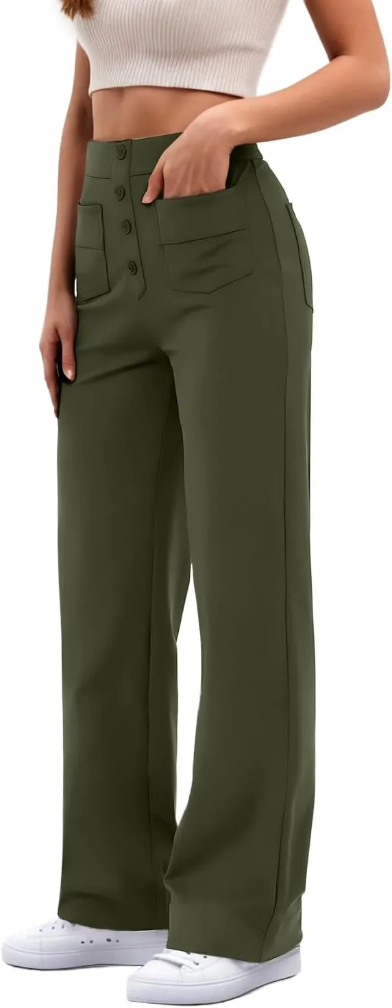GRECERELLE Womens Casual Straight Leg Pants High Waisted Button Stretchy Business Work Trousers with Multiple Pockets