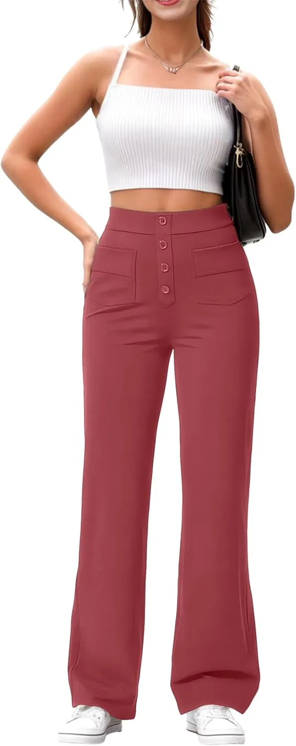 GRECERELLE Womens Casual Straight Leg Pants High Waisted Button Stretchy Business Work Trousers with Multiple Pockets
