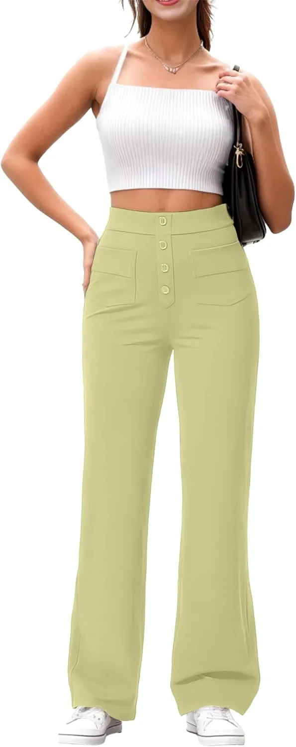 GRECERELLE Womens Casual Straight Leg Pants High Waisted Button Stretchy Business Work Trousers with Multiple Pockets