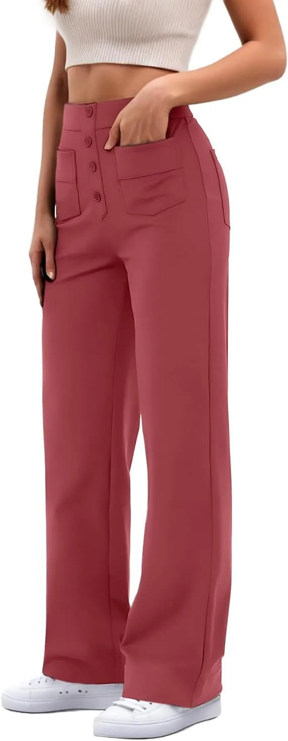 GRECERELLE Womens Casual Straight Leg Pants High Waisted Button Stretchy Business Work Trousers with Multiple Pockets