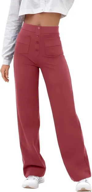 GRECERELLE Womens Casual Straight Leg Pants High Waisted Button Stretchy Business Work Trousers with Multiple Pockets