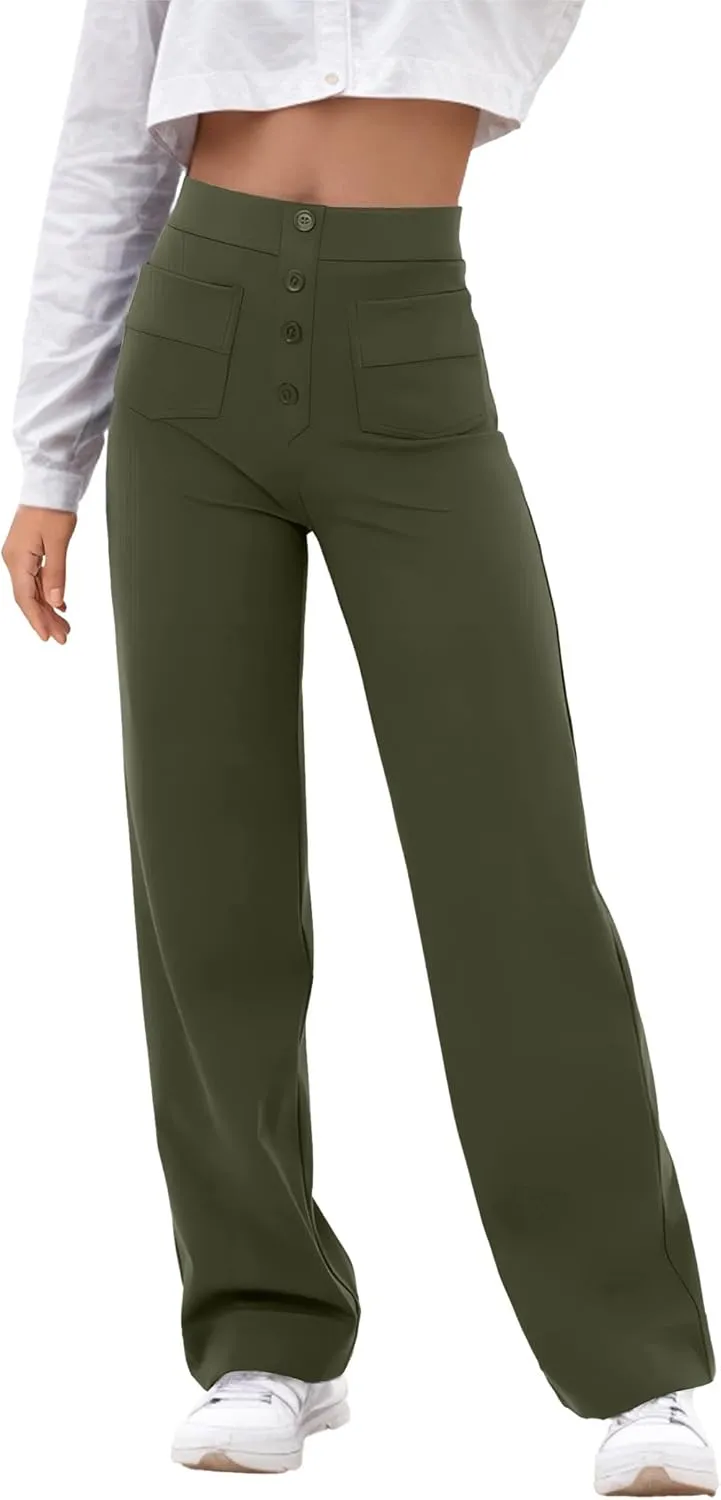 GRECERELLE Womens Casual Straight Leg Pants High Waisted Button Stretchy Business Work Trousers with Multiple Pockets