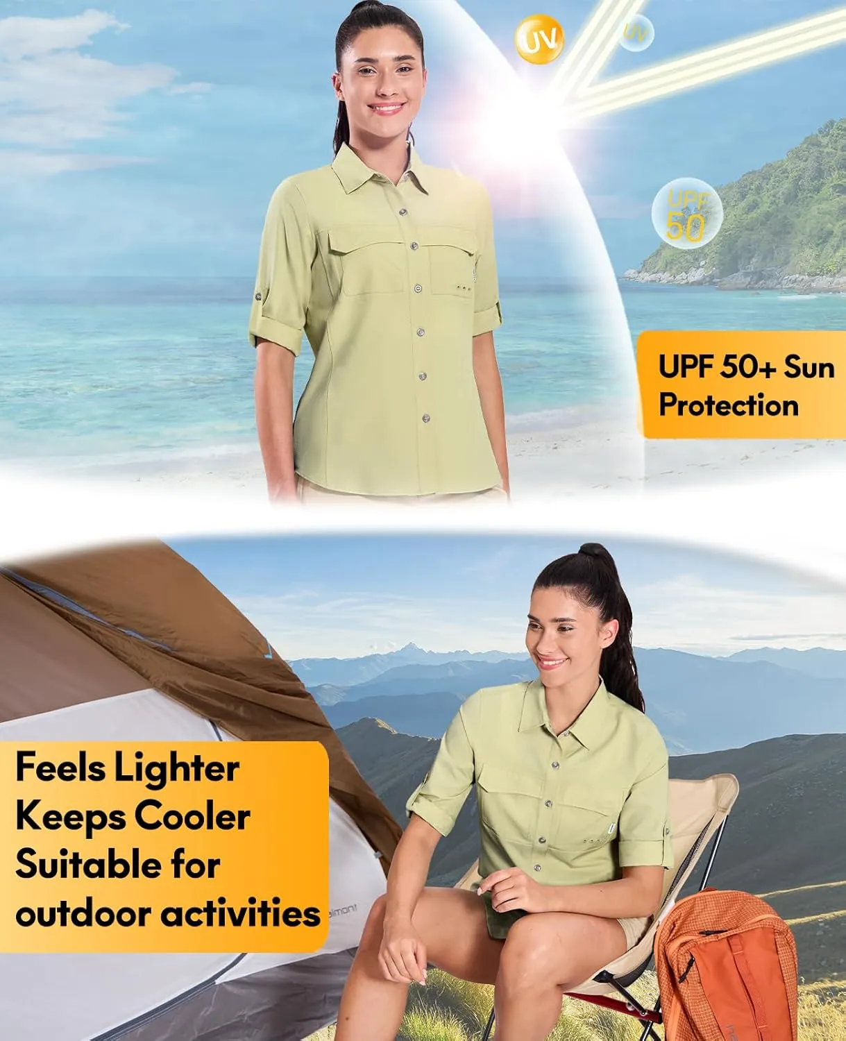 Haimont Women's Travel Hiking Fishing Button Down Shirt, UPF 50  UV Long Sleeve Sun Shirts for Outdoor Camping Sailing