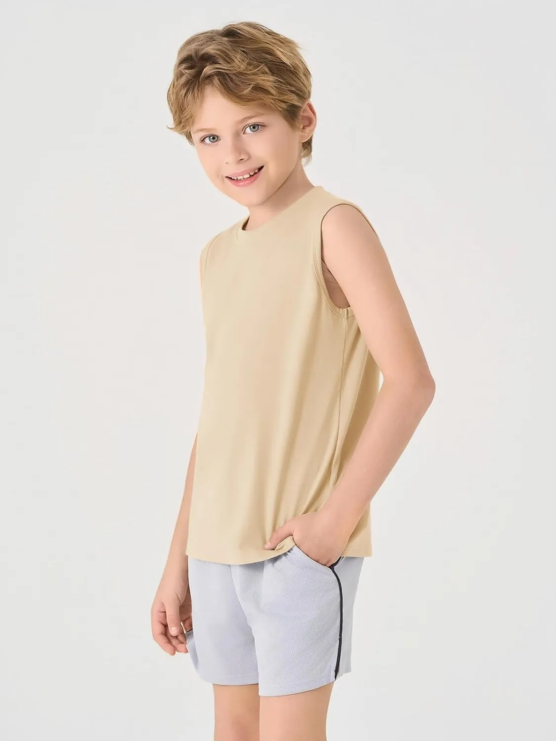 Haloumoning Boys Tank Tops Casual Sleeveless Crewneck Athletic Workout Tees Basic Solid Undershirts 5-14 Years