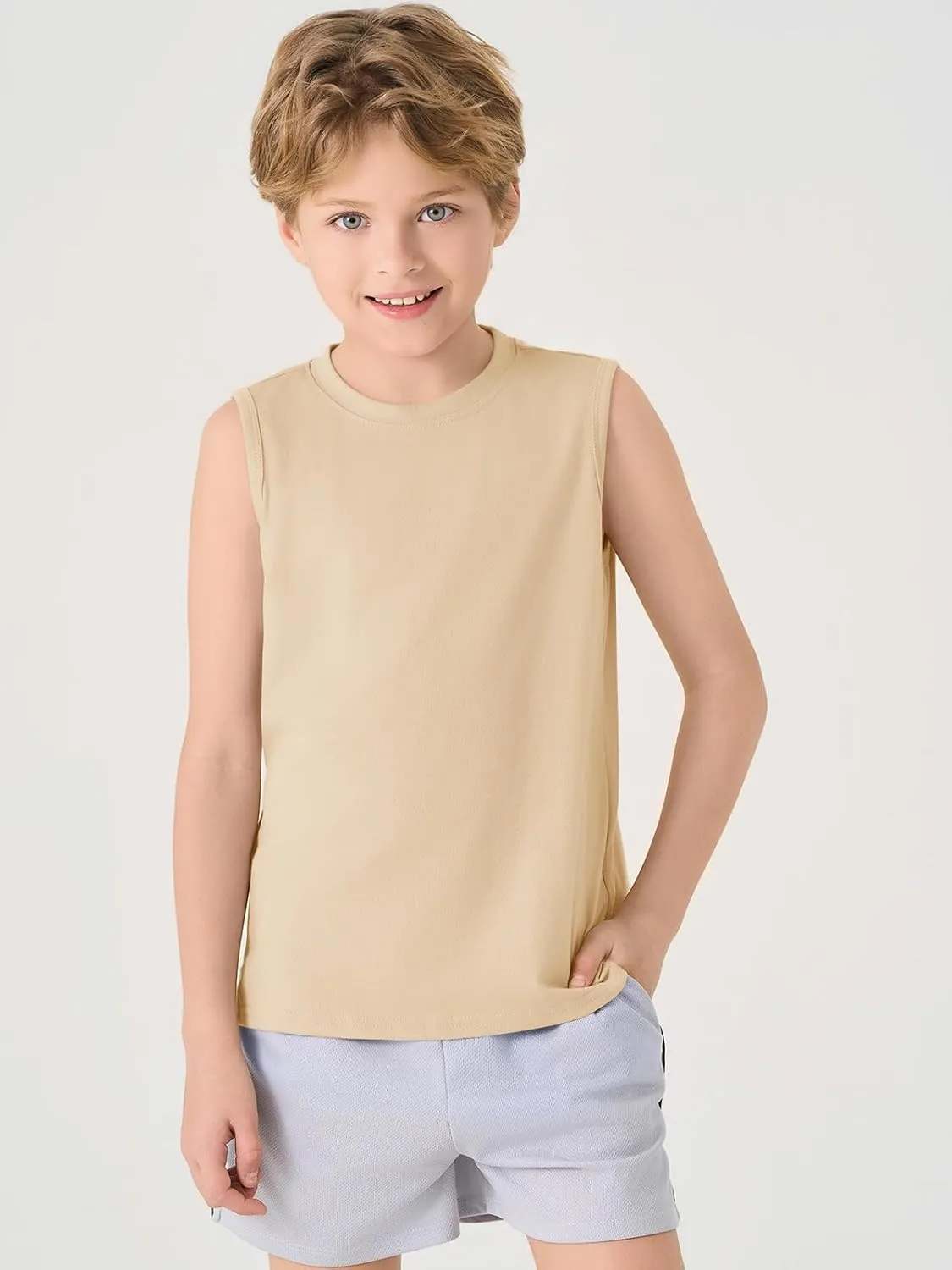 Haloumoning Boys Tank Tops Casual Sleeveless Crewneck Athletic Workout Tees Basic Solid Undershirts 5-14 Years