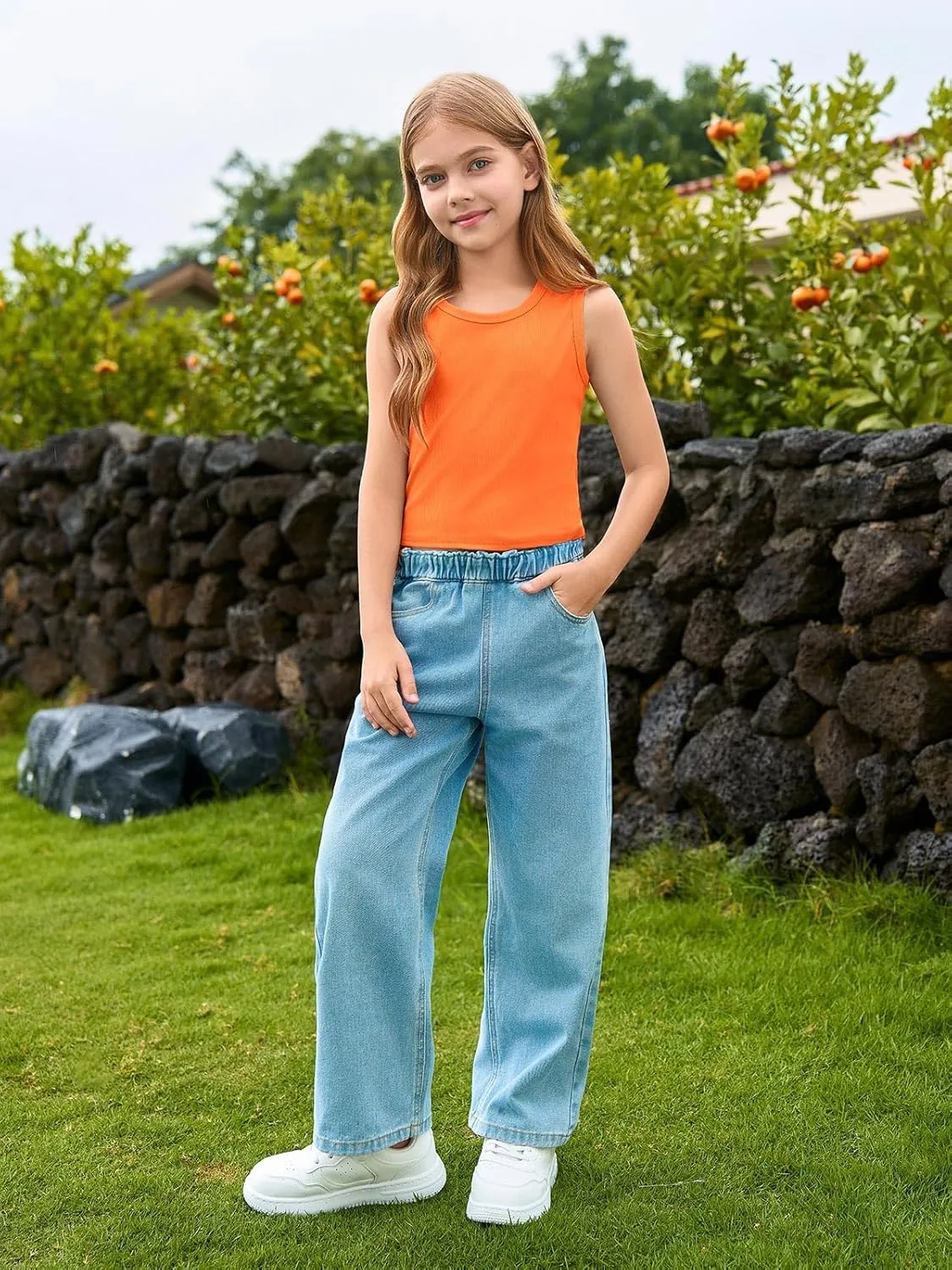 Haloumoning Girls Tank Tops Kids Athletic Ribbed Knit Sleeveless Crop Tops Basic Camisole 5-14 Years