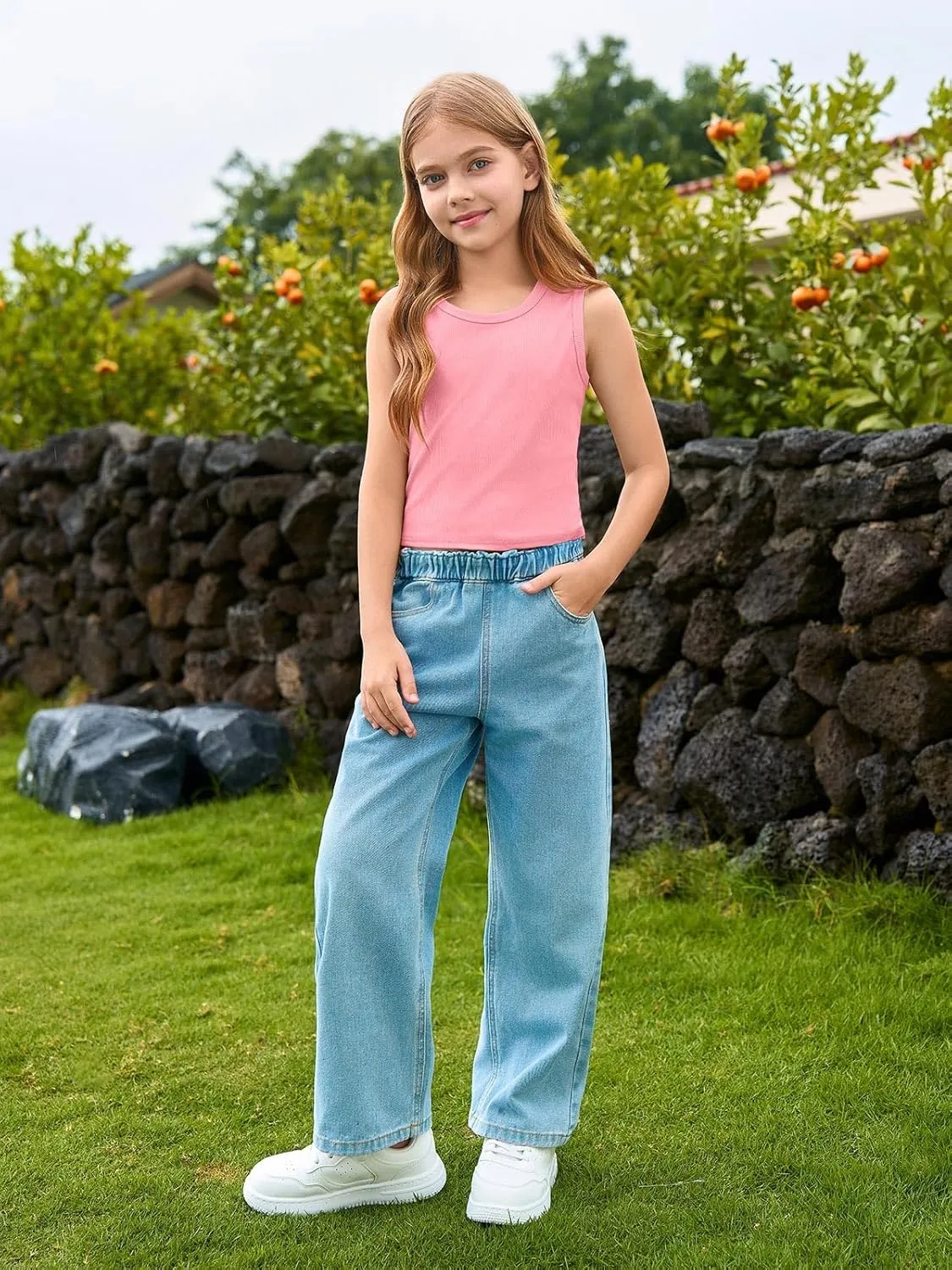 Haloumoning Girls Tank Tops Kids Athletic Ribbed Knit Sleeveless Crop Tops Basic Camisole 5-14 Years