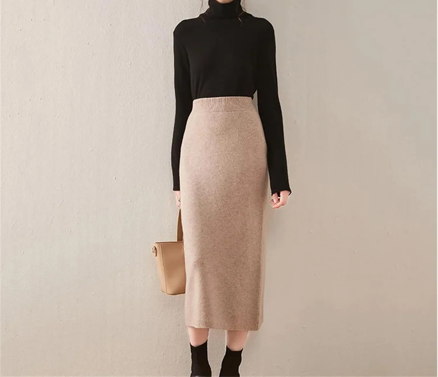 Hcclijo Korean Style Winter Cashmere Knitted Long Skirt for Women Mid-Length High-Waisted A-Line Skirt