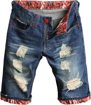 HENGAO Men's Ripped Jean Short Distressed Straight Fit Denim Shorts