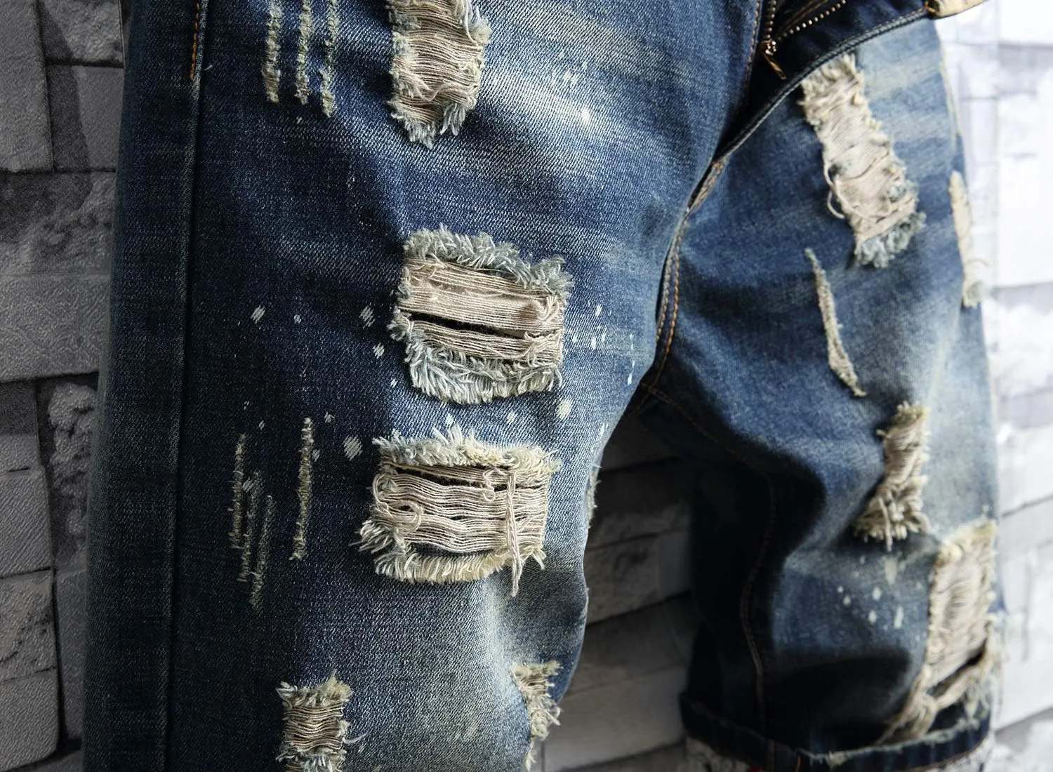 HENGAO Men's Ripped Jean Short Distressed Straight Fit Denim Shorts
