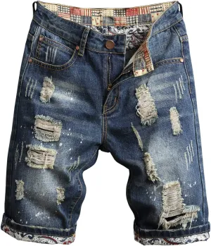 HENGAO Men's Ripped Jean Short Distressed Straight Fit Denim Shorts
