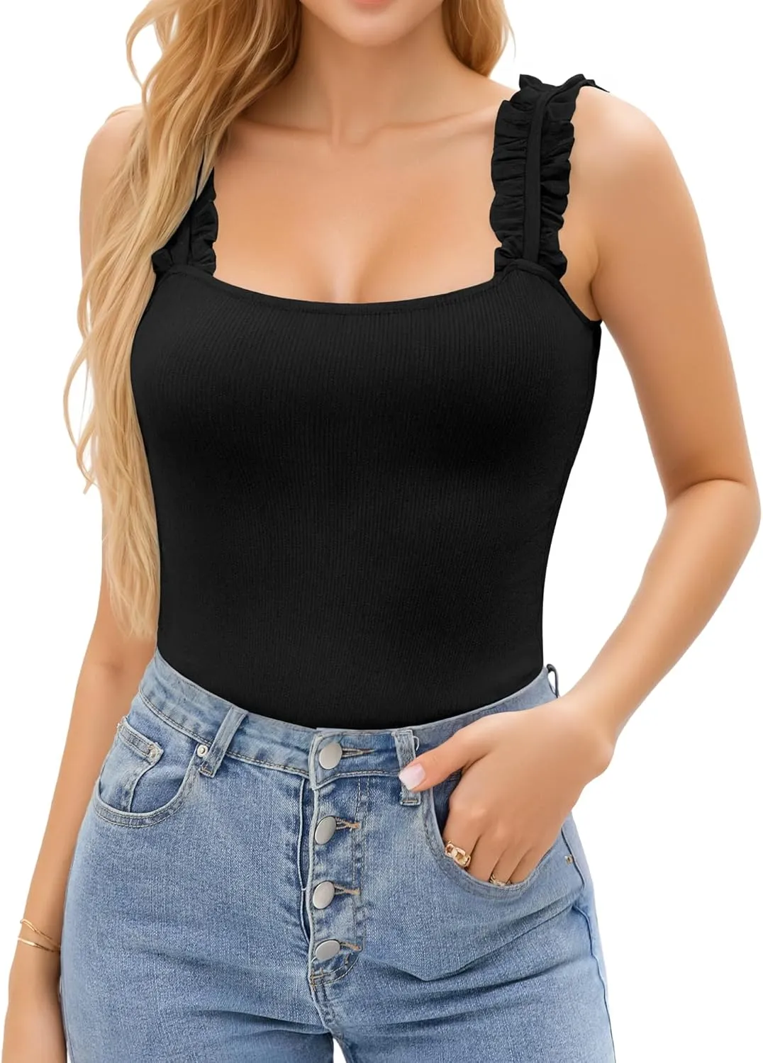 HERLOLLYCHIPS Sexy Tank Tops for Women Square Neck Ruffle Strap Ribbed Knit Tight Stretchy Sleeveless Shirts