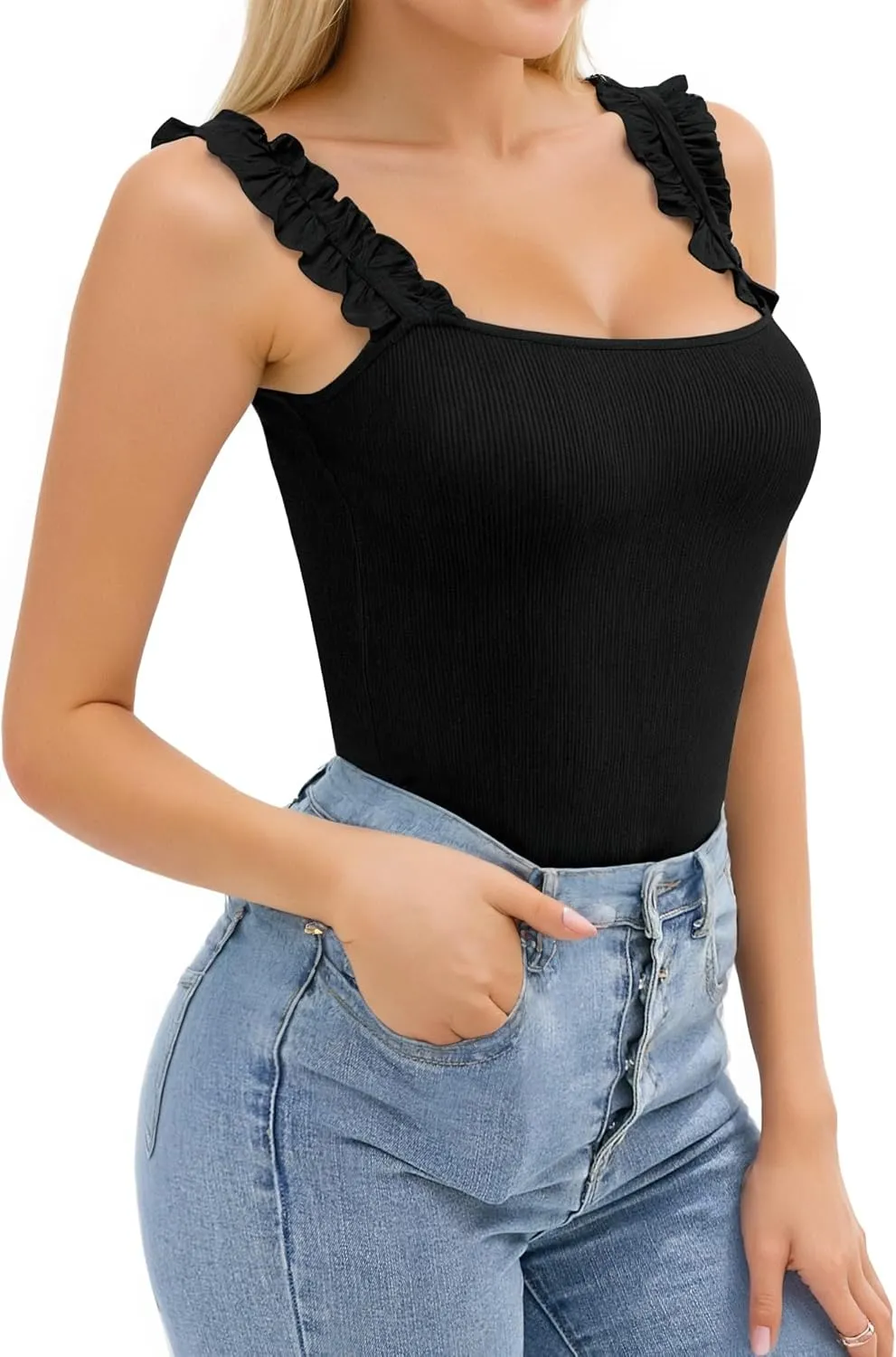 HERLOLLYCHIPS Sexy Tank Tops for Women Square Neck Ruffle Strap Ribbed Knit Tight Stretchy Sleeveless Shirts