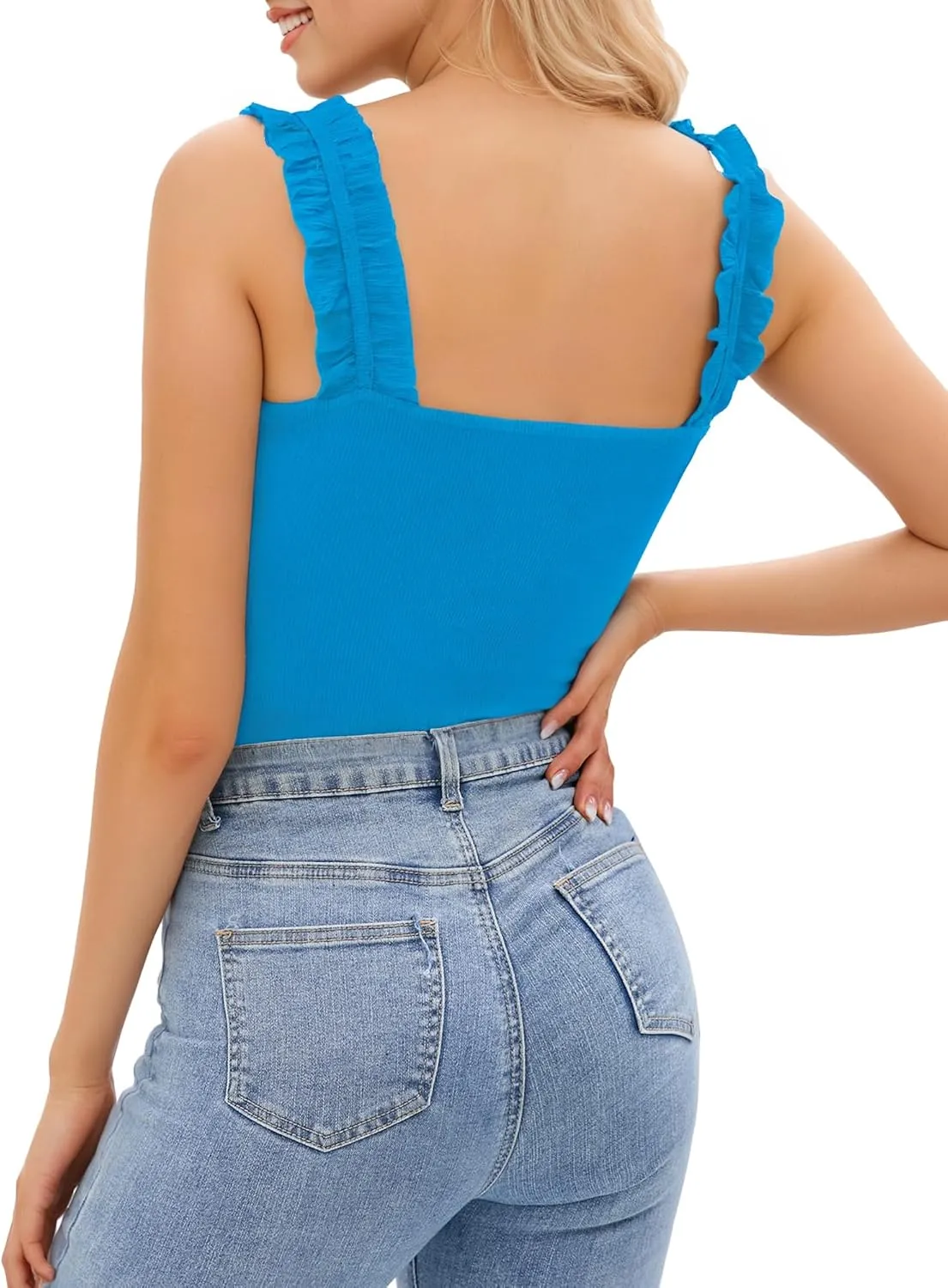 HERLOLLYCHIPS Sexy Tank Tops for Women Square Neck Ruffle Strap Ribbed Knit Tight Stretchy Sleeveless Shirts