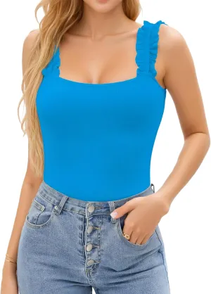 HERLOLLYCHIPS Sexy Tank Tops for Women Square Neck Ruffle Strap Ribbed Knit Tight Stretchy Sleeveless Shirts