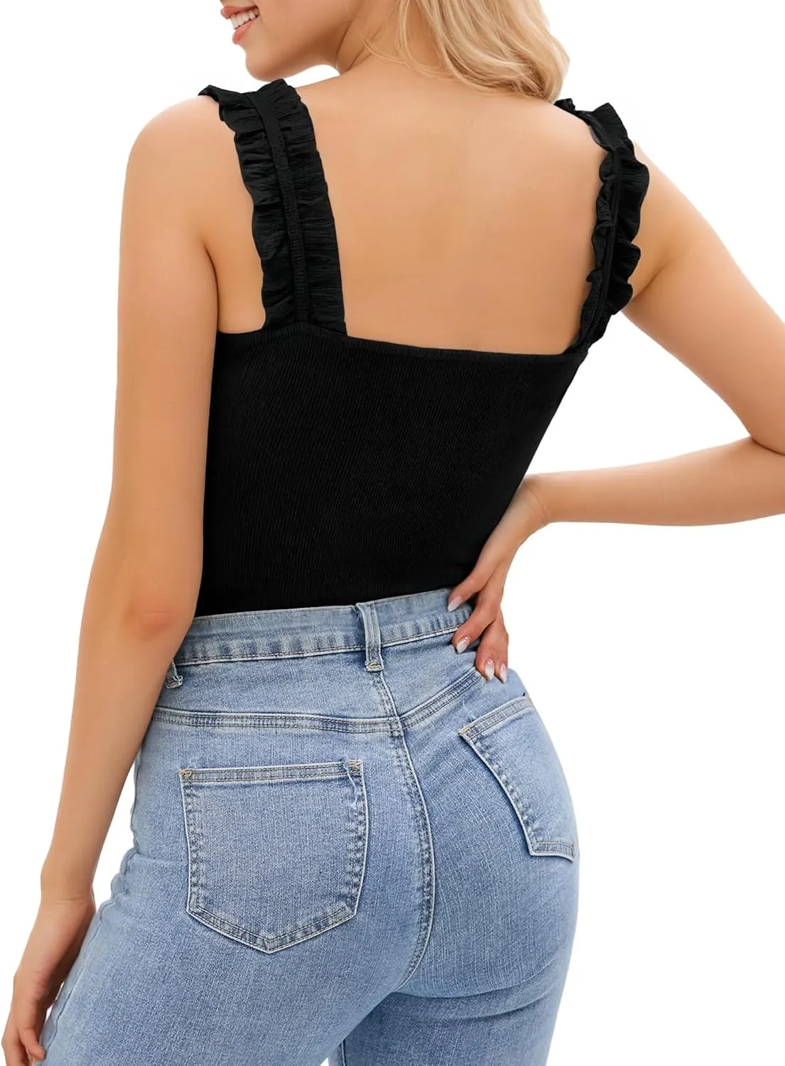 HERLOLLYCHIPS Sexy Tank Tops for Women Square Neck Ruffle Strap Ribbed Knit Tight Stretchy Sleeveless Shirts