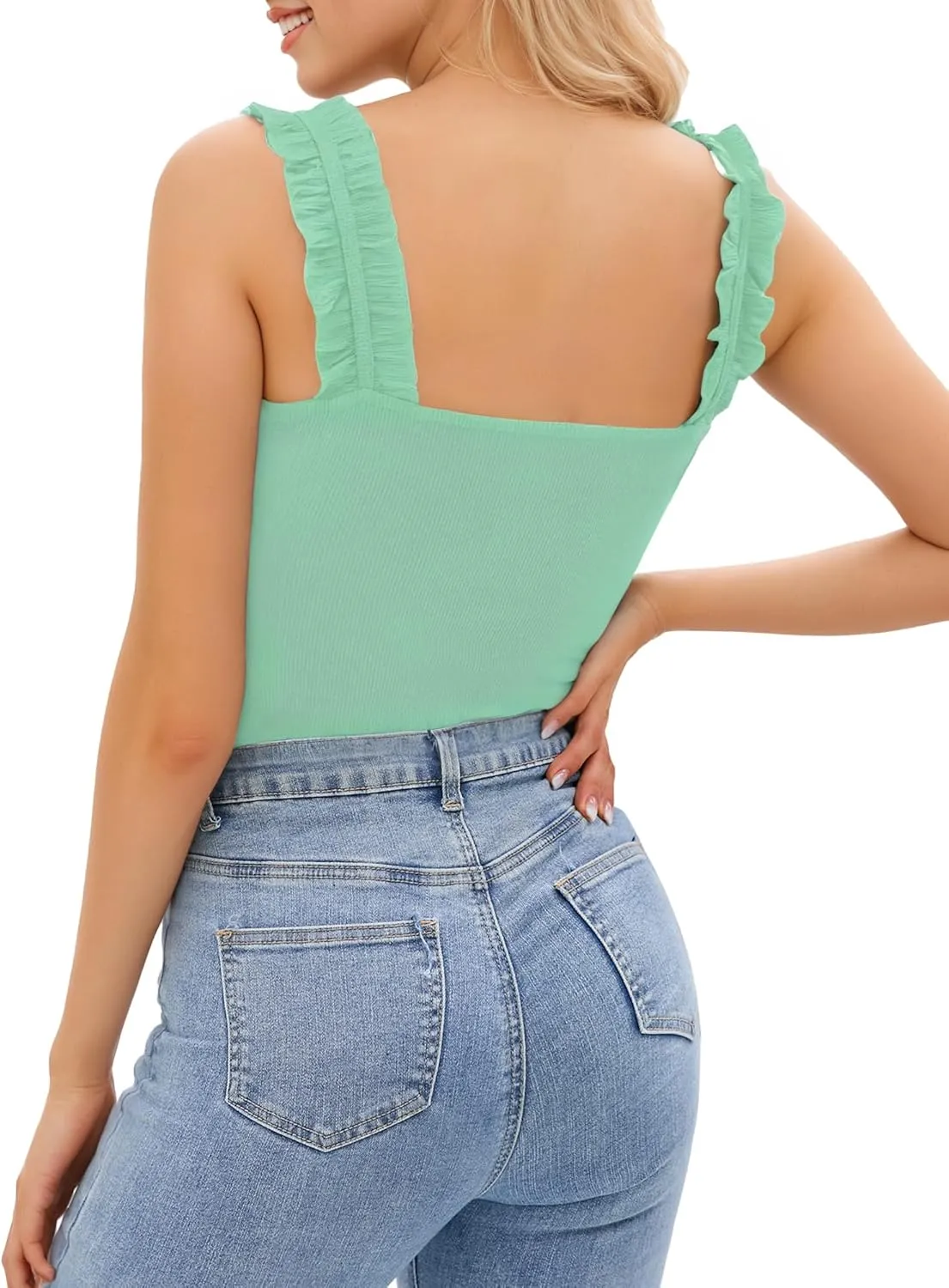 HERLOLLYCHIPS Sexy Tank Tops for Women Square Neck Ruffle Strap Ribbed Knit Tight Stretchy Sleeveless Shirts