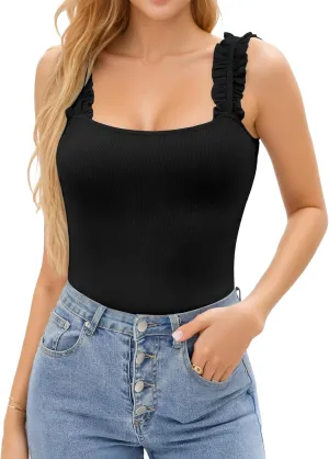 HERLOLLYCHIPS Sexy Tank Tops for Women Square Neck Ruffle Strap Ribbed Knit Tight Stretchy Sleeveless Shirts