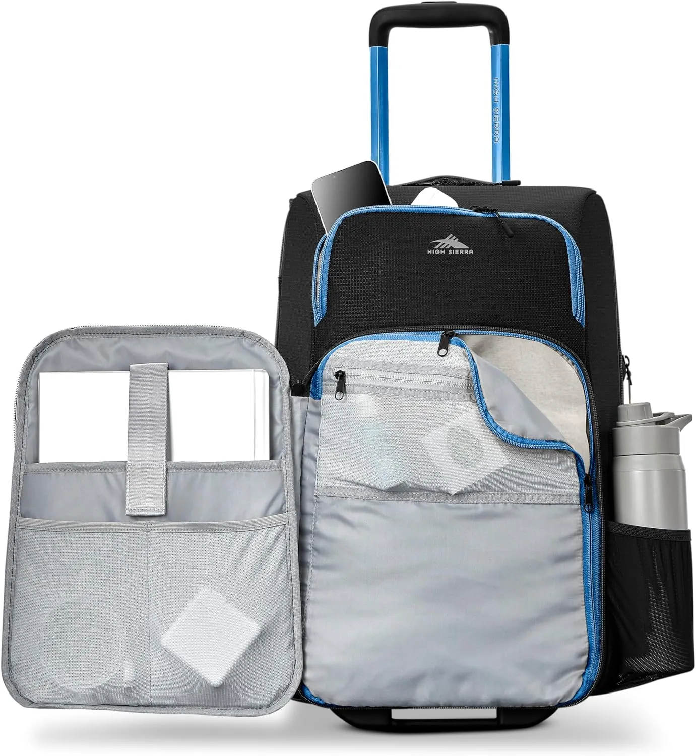 High Sierra Hi-Life 22-Inch Carry-On Wheeled Duffle - Features Smooth Rolling Wheels, WetPak Pockets, Stack-It Strap, Adjustable Handle, Fleece Pocket, Padded Laptop Sleeve, Expandable - Black/Blue