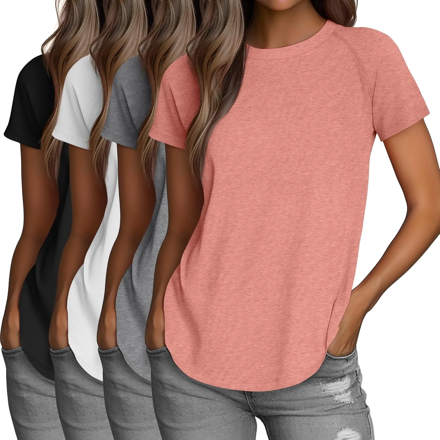 Huukeay 4 Pack Women's Short Sleeve T Shirts, Casual Crewneck Solid Raglan Tee Shirts Summer Side Split U-Shape Hem Tunic Top
