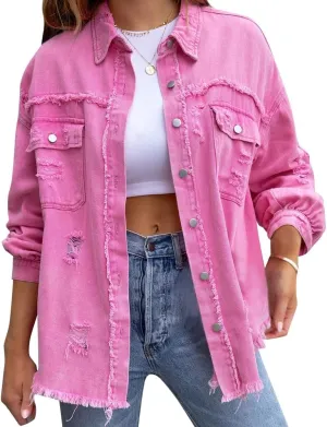 IDOPIP Denim Jacket for Women Distressed Ripped Jean Jackets Long Sleeve Casual Button Down Frayed Trucker Shacket Shirts