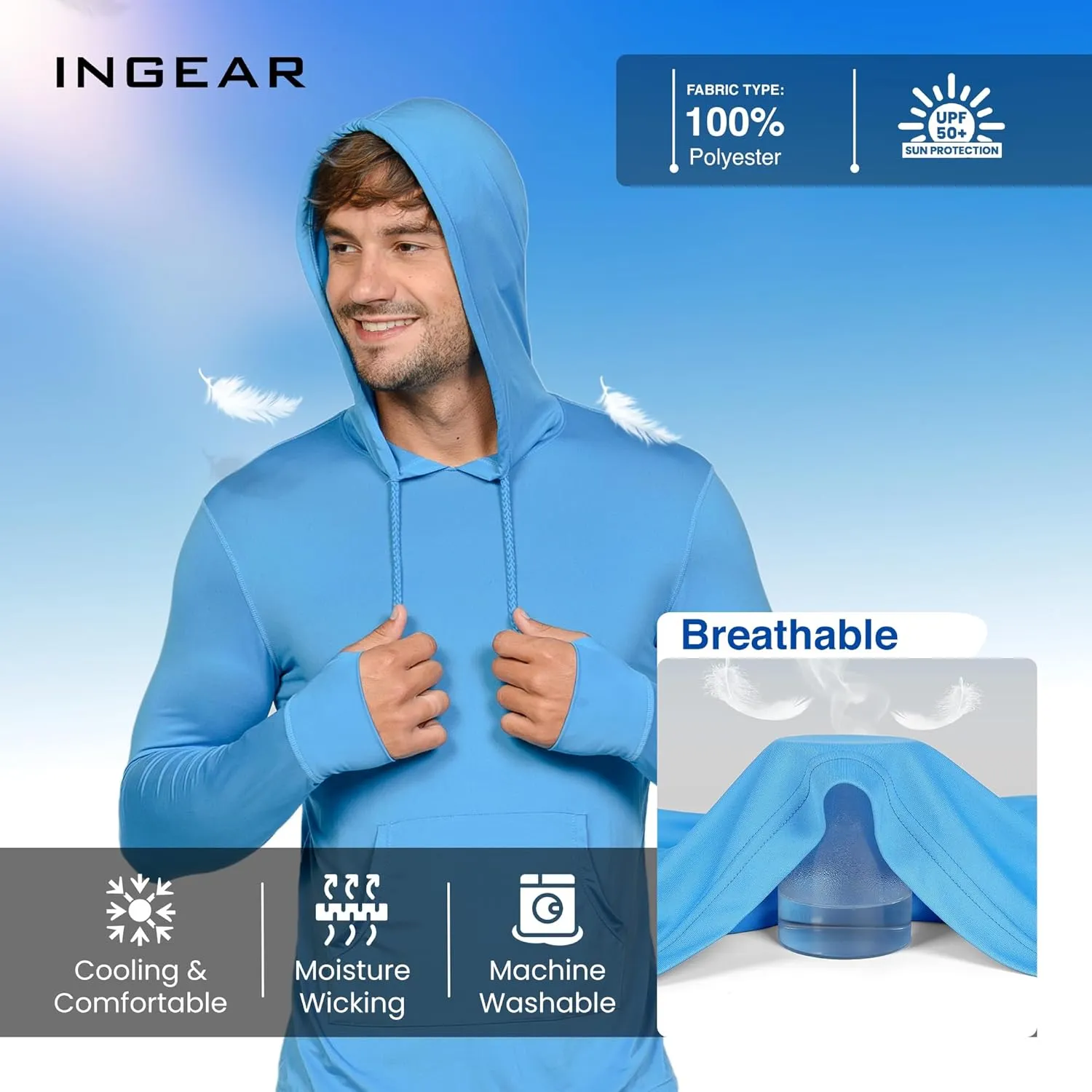 INGEAR Sun Shirts for Men - Lightweight SPF 50  UV Protection Hoodie with Pocket for Fishing, Running, Hiking, Swim Rashguard