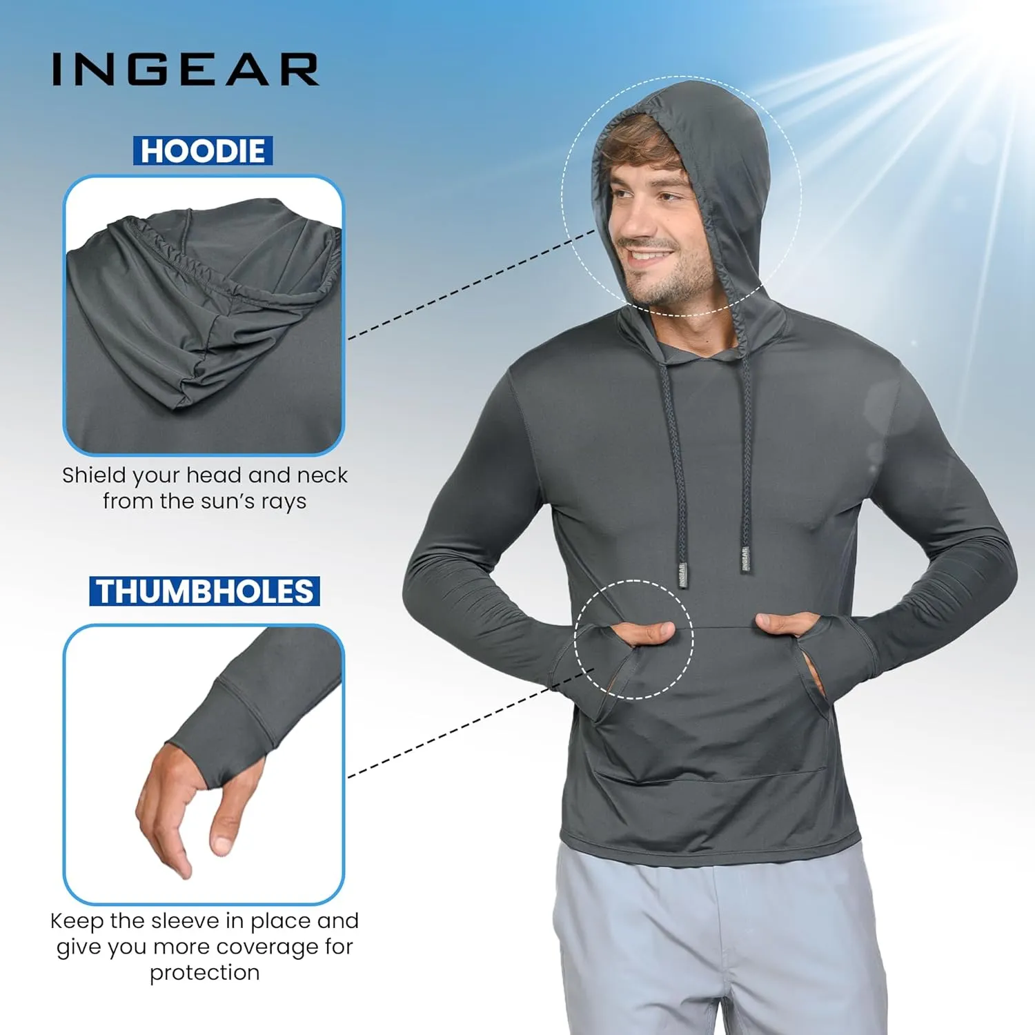 INGEAR Sun Shirts for Men - Lightweight SPF 50  UV Protection Hoodie with Pocket for Fishing, Running, Hiking, Swim Rashguard