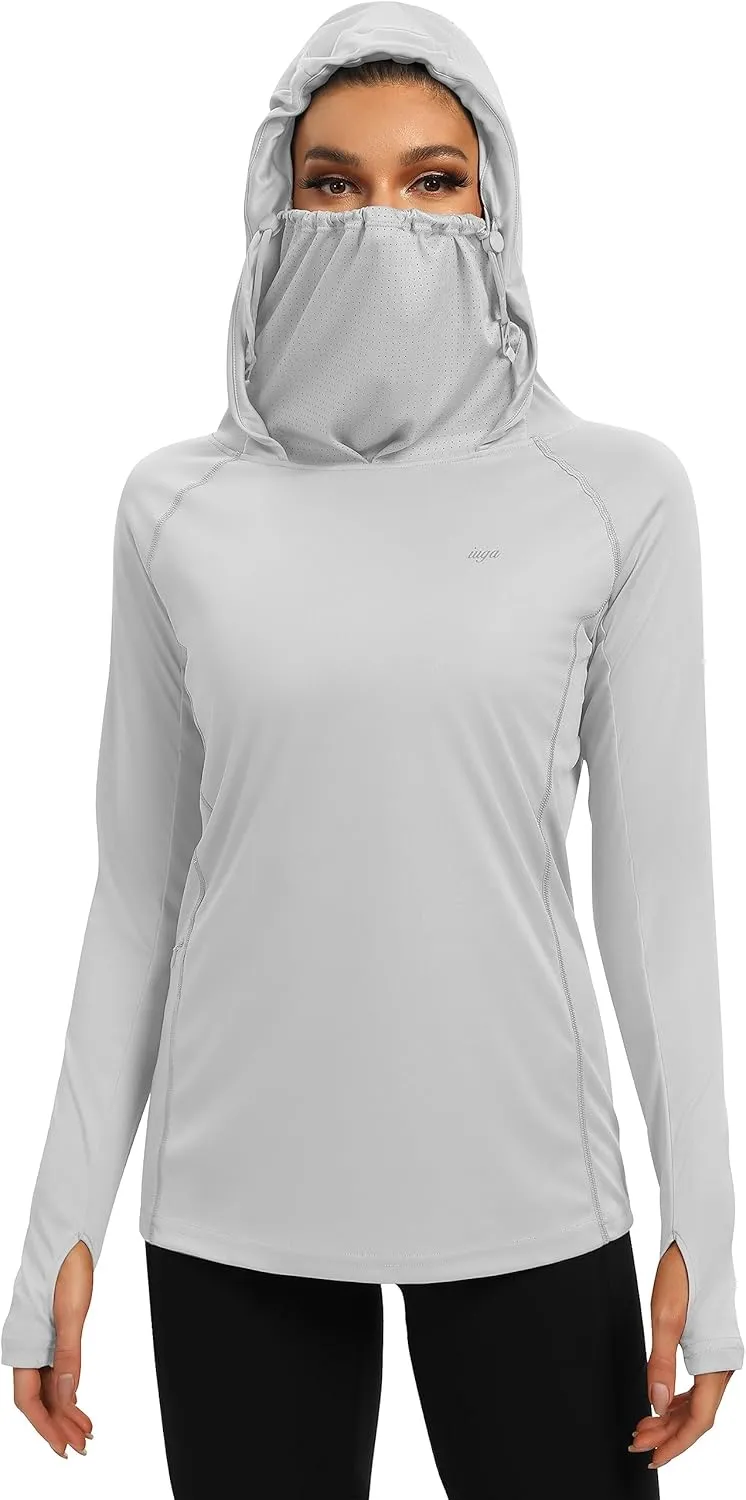 IUGA SPF Shirt Women Sun Protection Clothing UPF 50  Hoodie with Face Cover UV Hiking Long Sleeve Shirts Lightweight Outdoor