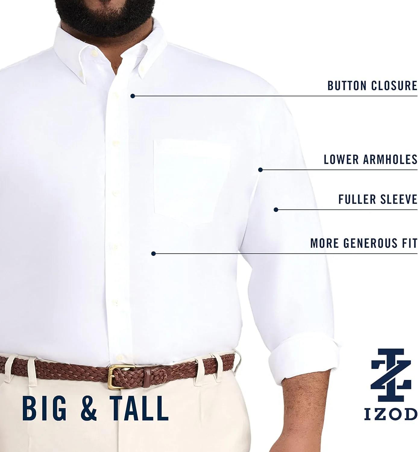 IZOD Men's Big and Tall Button Down Long Sleeve Stretch Performance Solid Shirt
