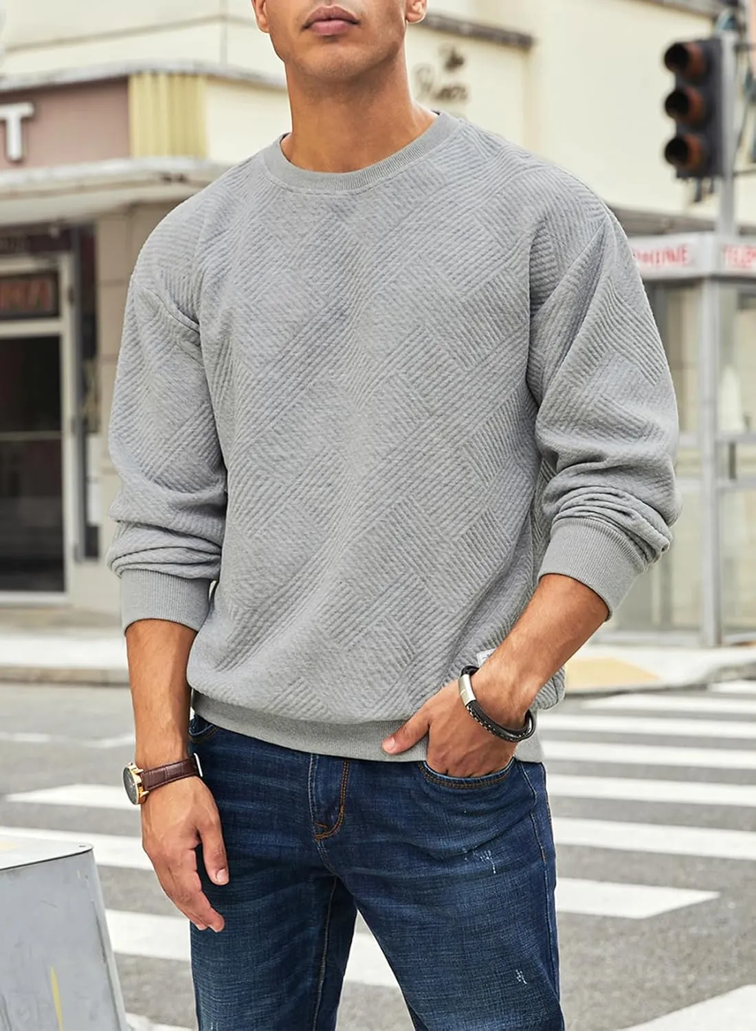 JMIERR Men's Crewneck Sweatshirt Casual Long Sleeve Geometric Texture Sweatshirts Fashion Pullover Shirts