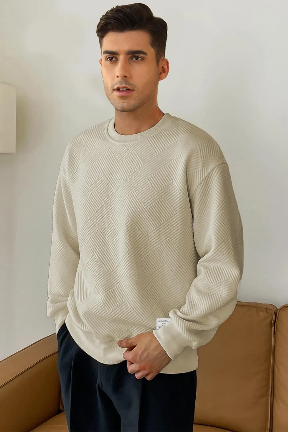 JMIERR Men's Crewneck Sweatshirt Casual Long Sleeve Geometric Texture Sweatshirts Fashion Pullover Shirts