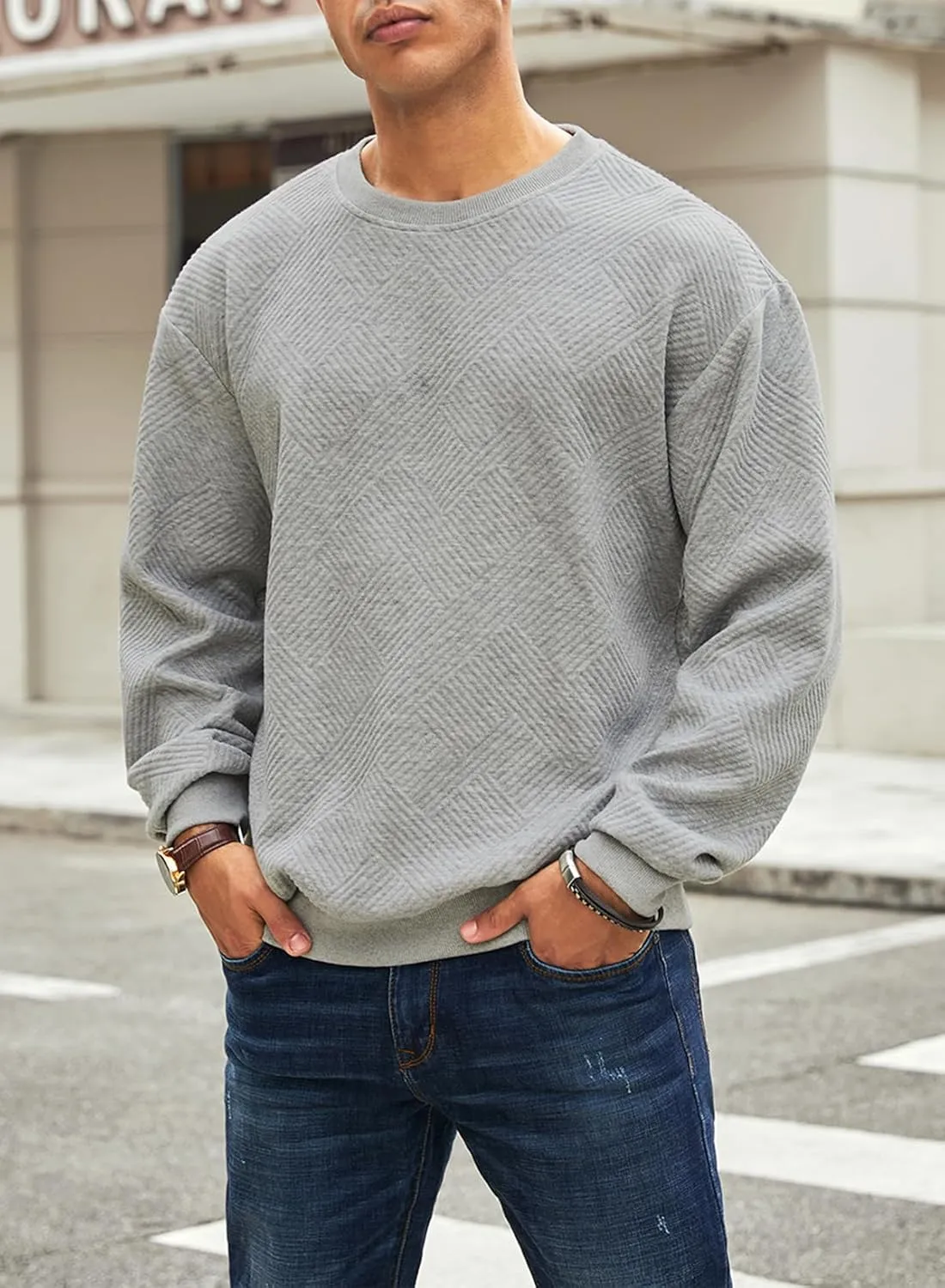 JMIERR Men's Crewneck Sweatshirt Casual Long Sleeve Geometric Texture Sweatshirts Fashion Pullover Shirts