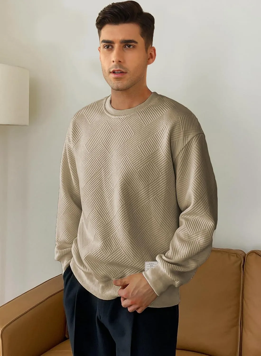 JMIERR Men's Crewneck Sweatshirt Casual Long Sleeve Geometric Texture Sweatshirts Fashion Pullover Shirts