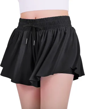 JOCMIC Girls Flowy Shorts, 2 in 1 Preppy Butterfly Shorts with Spandex Liner for Cheer Athletic Gym Teens Casual Clothes