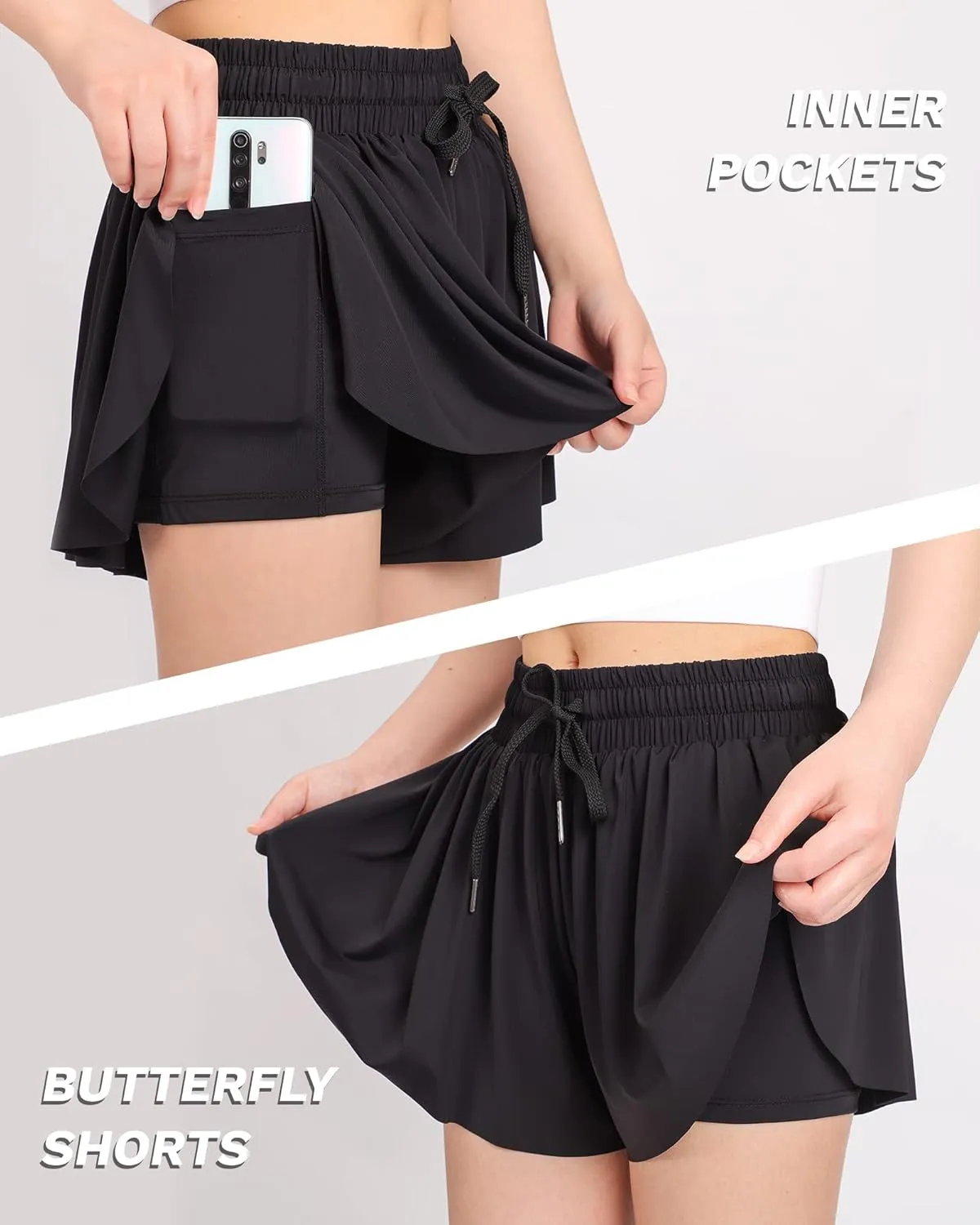 JOCMIC Girls Flowy Shorts, 2 in 1 Preppy Butterfly Shorts with Spandex Liner for Cheer Athletic Gym Teens Casual Clothes