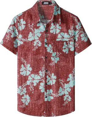 JOGAL Mens Floral Hawaiian Shirt Front Pocket Casual Aloha Shirts