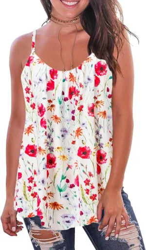 Kaei&Shi Print Long Vest,Flowy Tank Top for Women,Loose Cami,Pleated Dressy Swing Spaghetti Strap Camisole