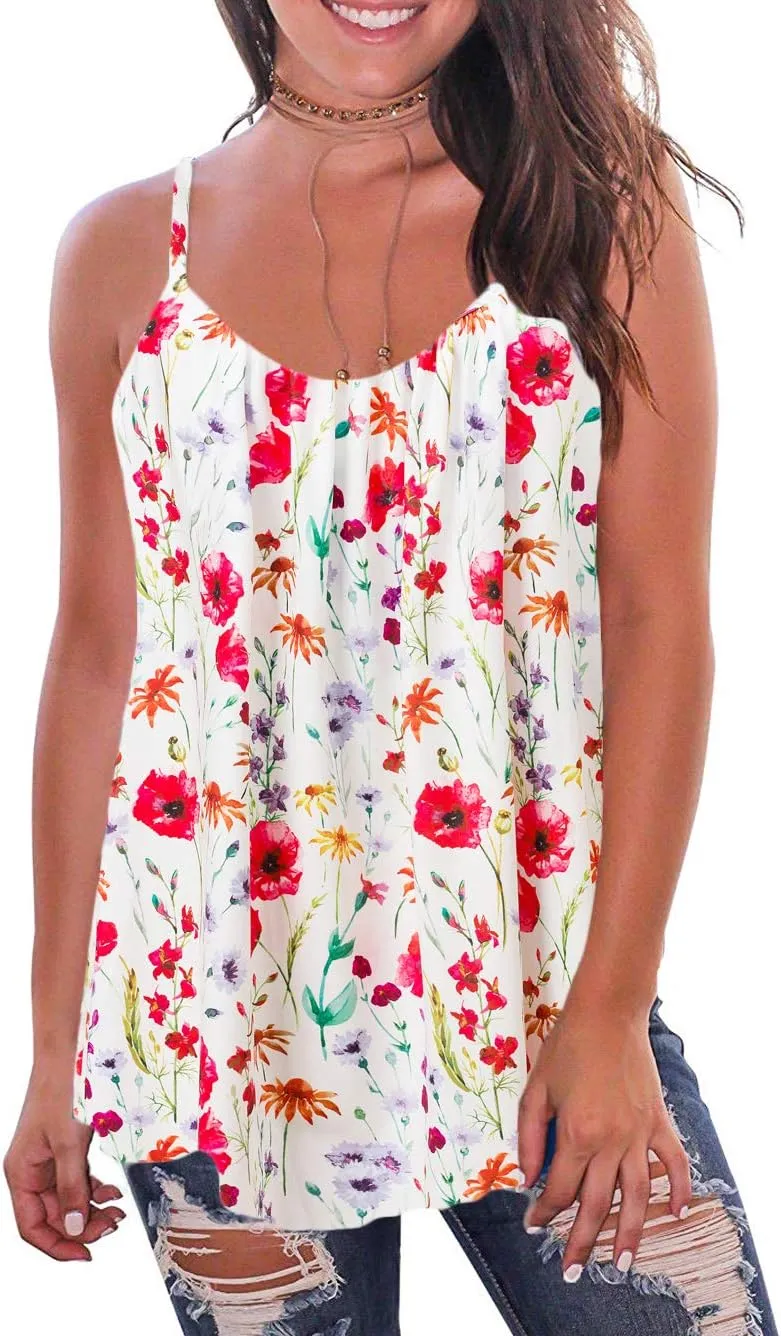 Kaei&Shi Print Long Vest,Flowy Tank Top for Women,Loose Cami,Pleated Dressy Swing Spaghetti Strap Camisole