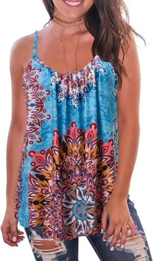 Kaei&Shi Print Long Vest,Flowy Tank Top for Women,Loose Cami,Pleated Dressy Swing Spaghetti Strap Camisole