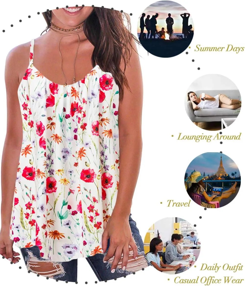 Kaei&Shi Print Long Vest,Flowy Tank Top for Women,Loose Cami,Pleated Dressy Swing Spaghetti Strap Camisole