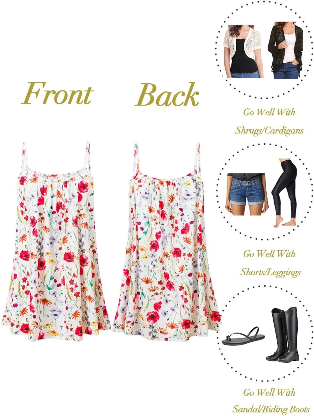 Kaei&Shi Print Long Vest,Flowy Tank Top for Women,Loose Cami,Pleated Dressy Swing Spaghetti Strap Camisole