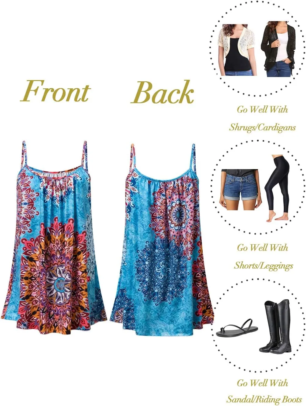 Kaei&Shi Print Long Vest,Flowy Tank Top for Women,Loose Cami,Pleated Dressy Swing Spaghetti Strap Camisole