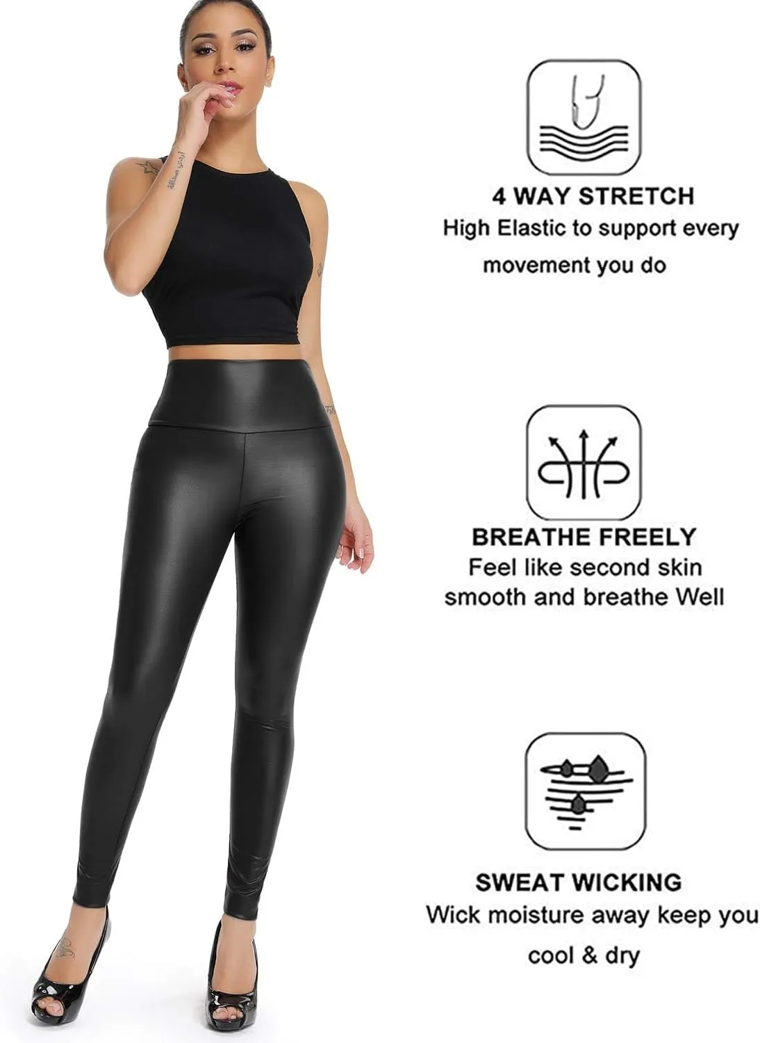 KIWI RATA High Waisted Faux Leather Leggings for Women Butt Lifting Stretchy PU Pants Sexy Tights