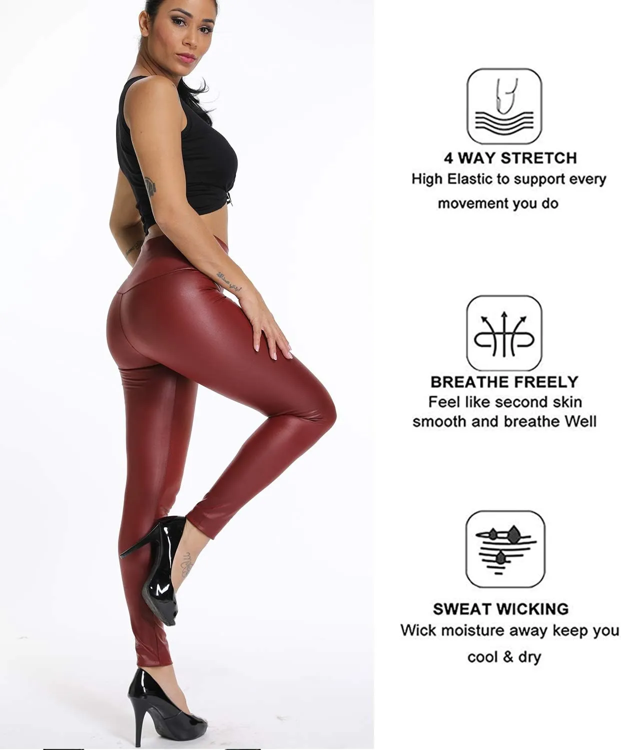 KIWI RATA High Waisted Faux Leather Leggings for Women Butt Lifting Stretchy PU Pants Sexy Tights