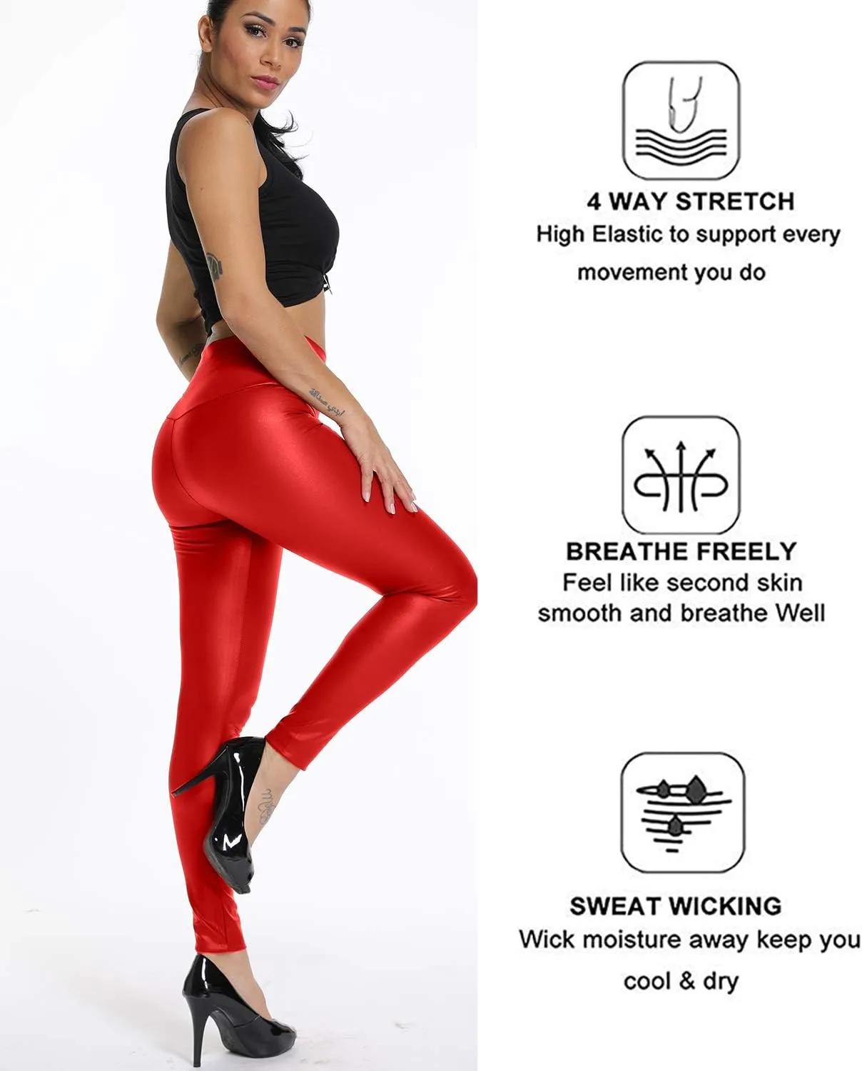 KIWI RATA High Waisted Faux Leather Leggings for Women Butt Lifting Stretchy PU Pants Sexy Tights