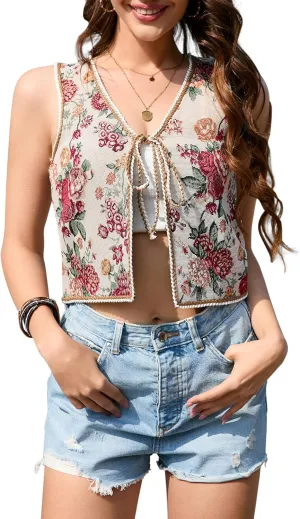 KOJOOIN Women's Tie Front Vest Floral Print Embroidered Vintage Sleeveless Crochet Vest