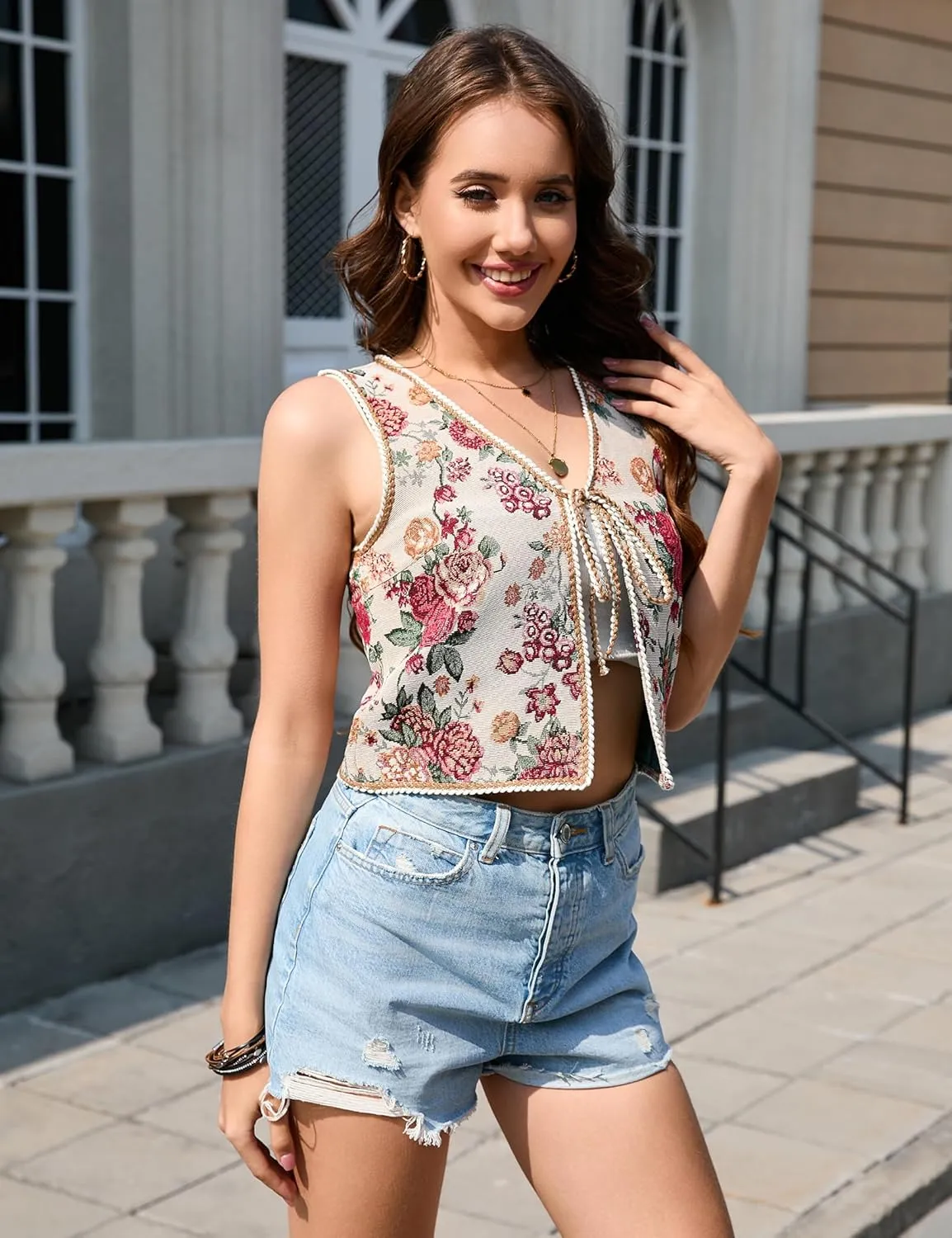 KOJOOIN Women's Tie Front Vest Floral Print Embroidered Vintage Sleeveless Crochet Vest